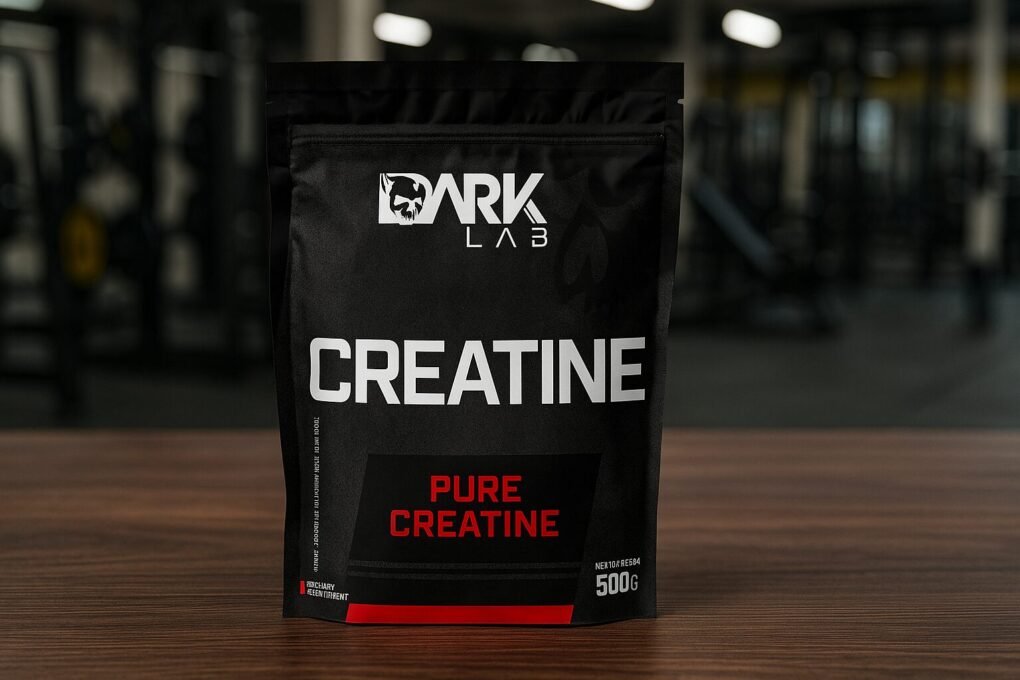 Pacote de creatina Dark Lab Pure Creatine de 500g sobre uma mesa de madeira, com o fundo mostrando uma academia moderna e desfocada. A embalagem preta com detalhes em vermelho e branco está em destaque no centro da imagem.