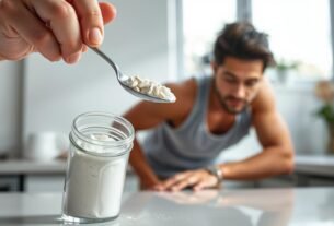 Uma imagem bem iluminada e detalhada de uma pessoa tomando suplementos de creatina. No primeiro plano, uma mão segura uma retirando um pó branco de uma colher de vidro. O meio-termo mostra a parte superior do corpo da pessoa, vestida com uma roupa casual de treino, inclinada sobre um balcão ou mesa. Ao fundo, uma cozinha clean e minimalista ou um ambiente de home gym com iluminação natural vinda de uma janela. O humor geral é focado e intencional, com um senso de cuidado e atenção à dosagem e ao método adequado de tomar suplementos de creatina.