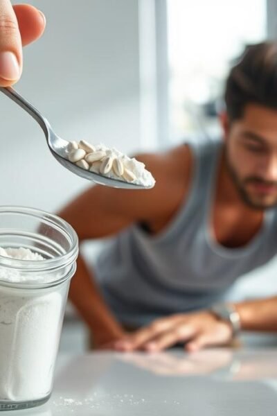 Uma imagem bem iluminada e detalhada de uma pessoa tomando suplementos de creatina. No primeiro plano, uma mão segura uma retirando um pó branco de uma colher de vidro. O meio-termo mostra a parte superior do corpo da pessoa, vestida com uma roupa casual de treino, inclinada sobre um balcão ou mesa. Ao fundo, uma cozinha clean e minimalista ou um ambiente de home gym com iluminação natural vinda de uma janela. O humor geral é focado e intencional, com um senso de cuidado e atenção à dosagem e ao método adequado de tomar suplementos de creatina.