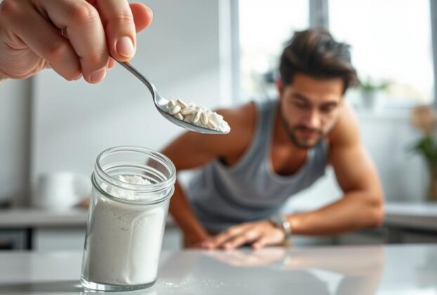 Uma imagem bem iluminada e detalhada de uma pessoa tomando suplementos de creatina. No primeiro plano, uma mão segura uma retirando um pó branco de uma colher de vidro. O meio-termo mostra a parte superior do corpo da pessoa, vestida com uma roupa casual de treino, inclinada sobre um balcão ou mesa. Ao fundo, uma cozinha clean e minimalista ou um ambiente de home gym com iluminação natural vinda de uma janela. O humor geral é focado e intencional, com um senso de cuidado e atenção à dosagem e ao método adequado de tomar suplementos de creatina.
