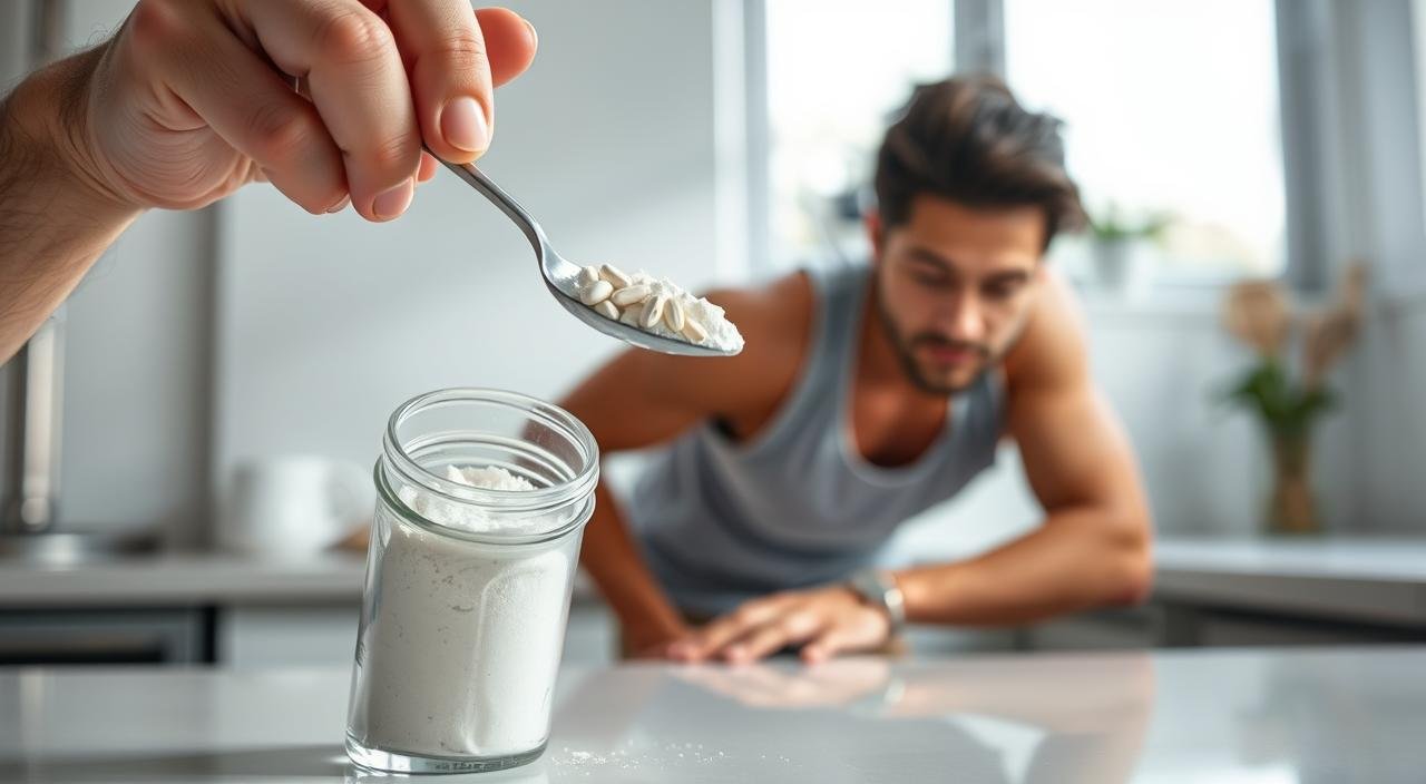 Uma imagem bem iluminada e detalhada de uma pessoa tomando suplementos de creatina. No primeiro plano, uma mão segura uma retirando um pó branco de uma colher de vidro. O meio-termo mostra a parte superior do corpo da pessoa, vestida com uma roupa casual de treino, inclinada sobre um balcão ou mesa. Ao fundo, uma cozinha clean e minimalista ou um ambiente de home gym com iluminação natural vinda de uma janela. O humor geral é focado e intencional, com um senso de cuidado e atenção à dosagem e ao método adequado de tomar suplementos de creatina.