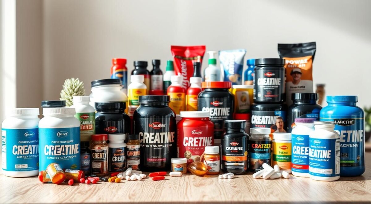 Uma vitrine vibrante e informativa de diversos tipos de suplementos de creatina disponíveis no mercado, exposta em uma superfície de madeira elegante e moderna, com iluminação natural iluminando os produtos. O primeiro plano apresenta uma variedade de recipientes de creatina em pó, cápsulas e comprimidos em uma variedade de núcleos e designs de embalagens, organizados de maneira visualmente atraente. O meio-termo inclui uma seleção de suplementos dietéticos, itens de nutrição esportiva e produtos voltados para a saúde, fornecendo sutilmente o contexto mais amplo do mercado de creatina. O fundo combina um cenário suave e desfocado, criando uma atmosfera limpa e profissional. A composição geral visa transmitir a diversidade, qualidade e acessibilidade das diferentes opções de criação disponíveis aos consumidores.